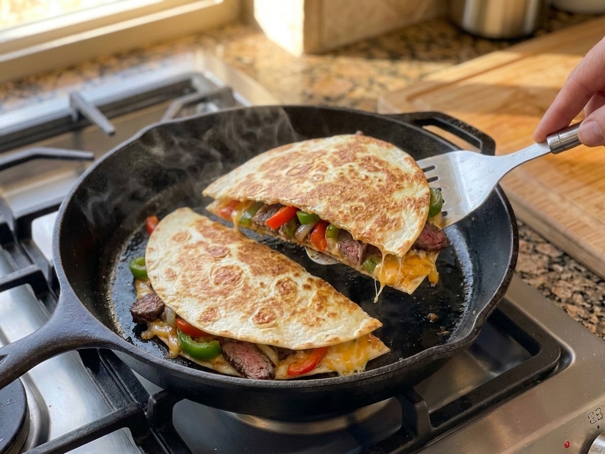 A golden-brown quesadilla being flipped in a skillet with a wide spatula, showing crisp toasted tortilla
