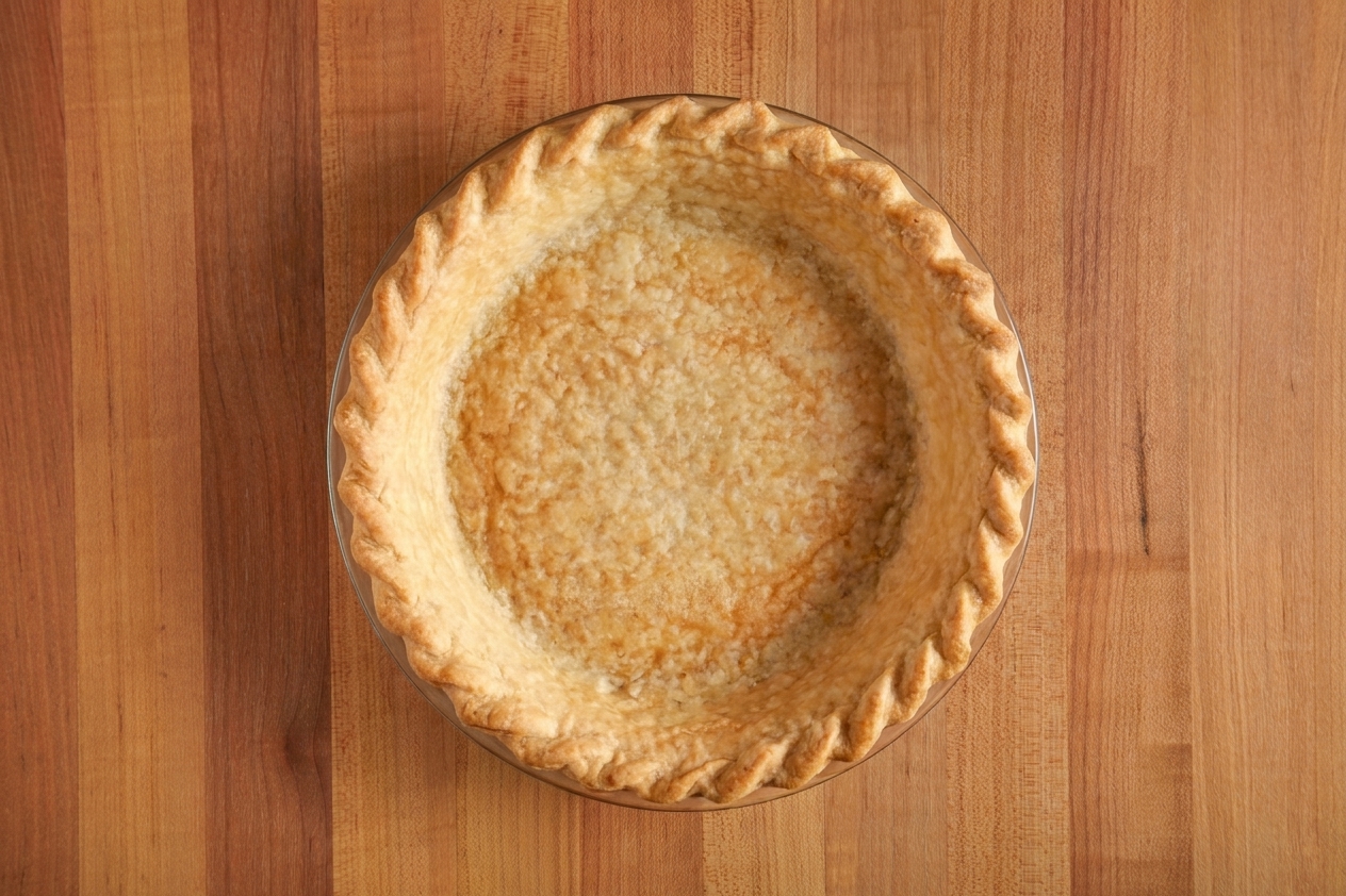 A golden-brown quiche crust in a glass pie dish on a light kitchen counter, with crisp fluted edges and an evenly baked bottom