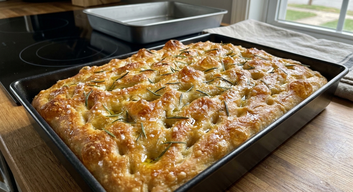 A golden brown rosemary focaccia baked in a 9x13-inch metal pan with glossy olive oil dimples and flaky salt on top