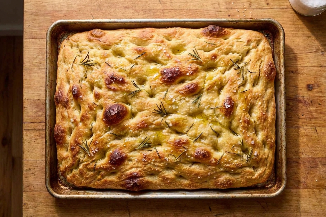 A golden-brown rosemary focaccia baked in a sheet pan with deep dimples, crisp edges, and a drizzle of olive oil on a wooden counter