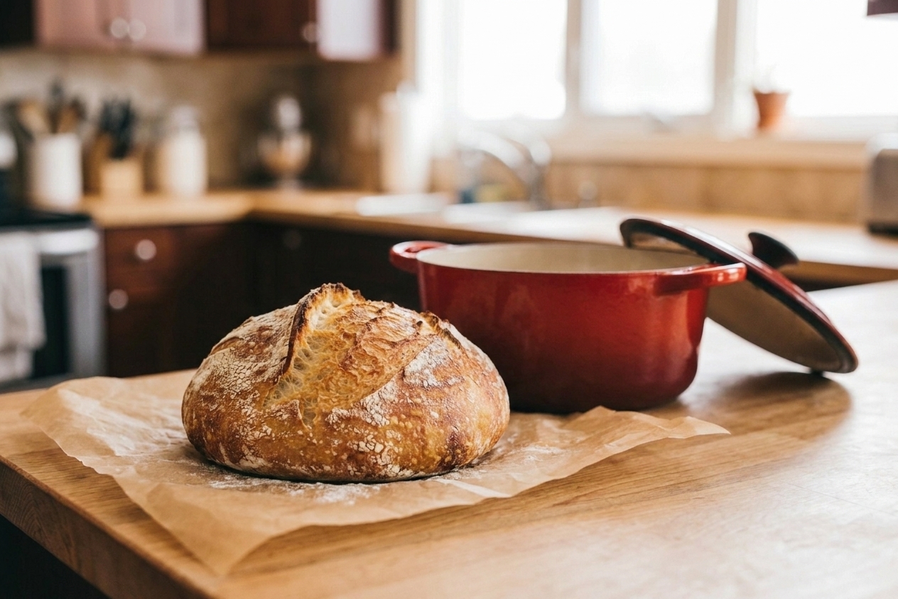 A golden brown round loaf with a crackly crust sitting on parchment beside a cast iron Dutch oven on a warm kitchen counter