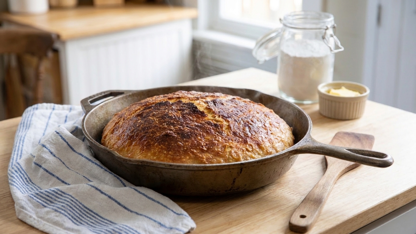 A golden brown round skillet bread with crisp edges cooling in a cast iron skillet on a light kitchen counter
