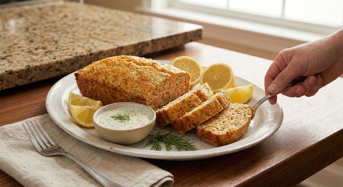 A golden-brown salmon loaf sliced on a white platter with lemon wedges and a small bowl of creamy dill sauce on a wooden table