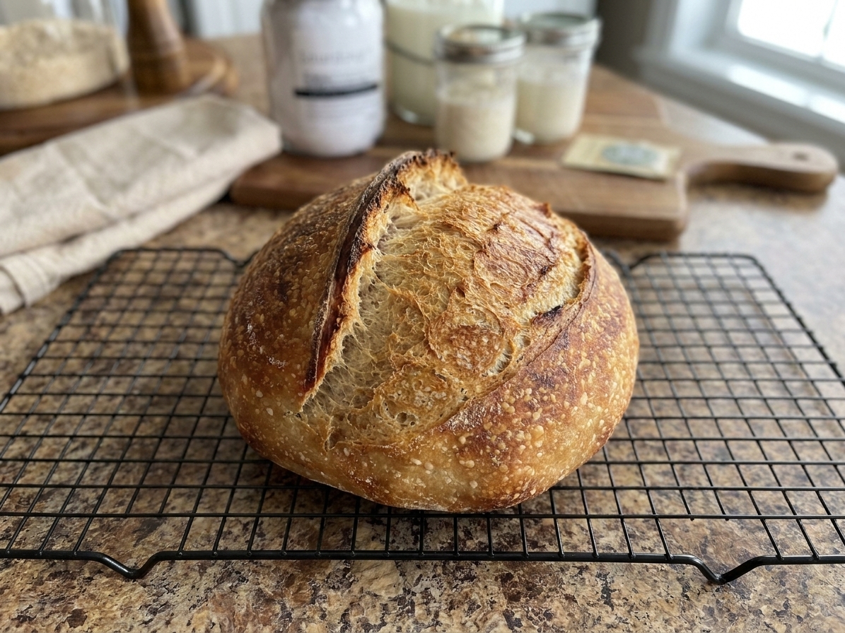 A golden brown same-day sourdough boule with a single ear score, cooling on a wire rack on a bright kitchen counter