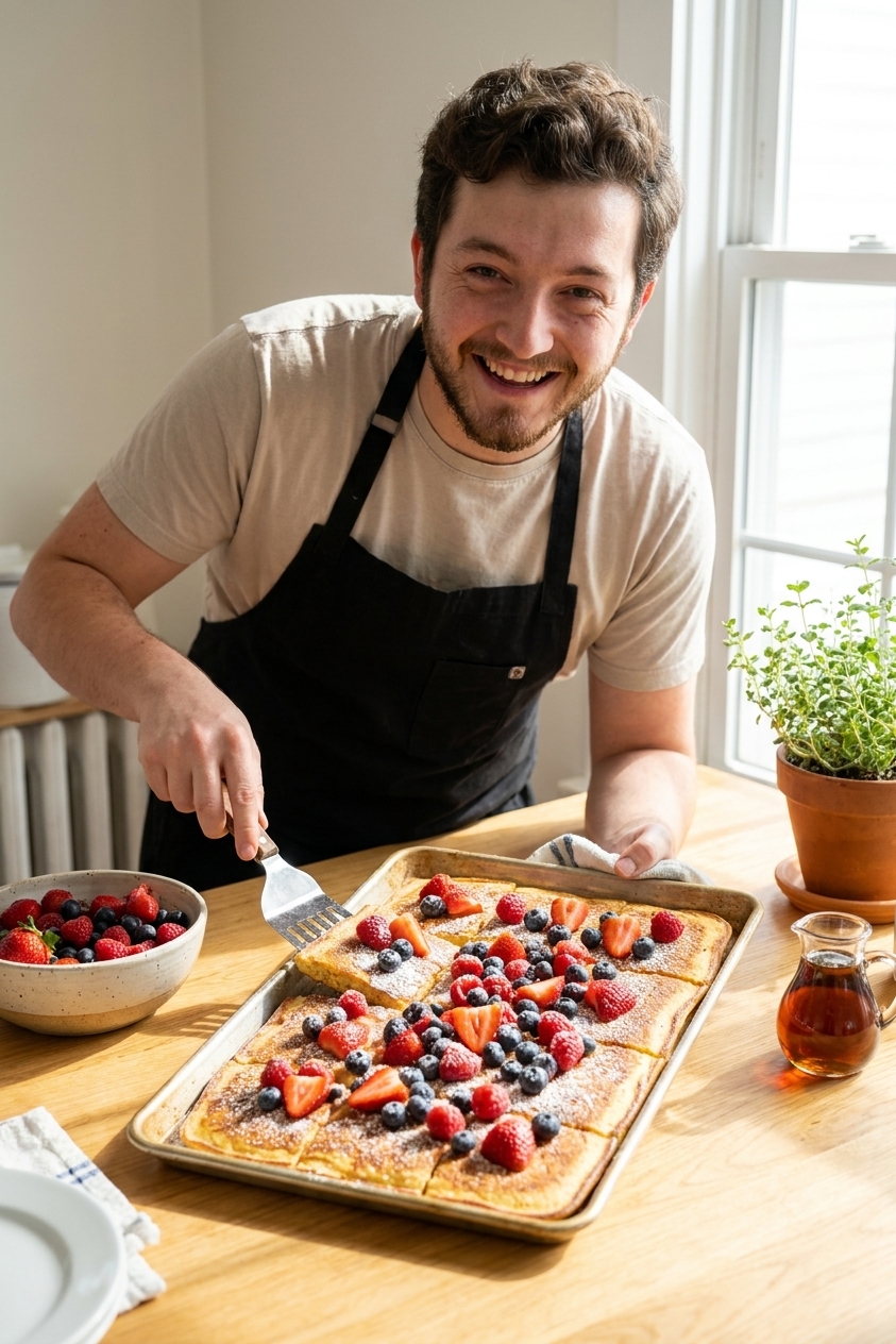 A golden-brown sheet pan pancake baked in a rimmed pan, sliced into squares and topped with fresh berries and a dusting of powdered sugar on a bright kitchen table, real food photography style