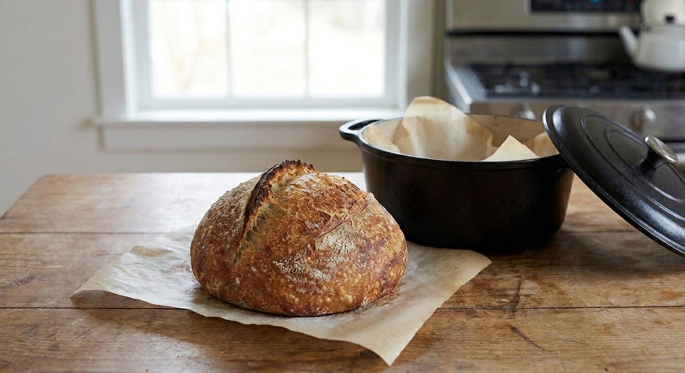A golden brown sourdough boule with a bold ear and blistered crust resting on parchment beside a Dutch oven on a light kitchen counter