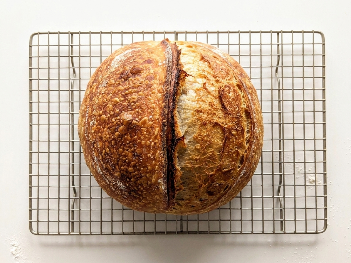 A golden brown sourdough boule with a bold ear and blistered crust cooling on a wire rack on a bright kitchen counter