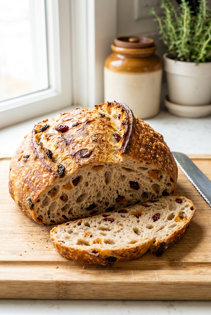 A golden brown sourdough boule with visible dried fruit pieces on a wooden cutting board, one slice cut to show an open crumb, in bright window light