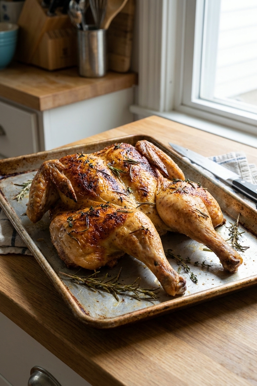 A golden brown spatchcocked roast chicken on a rimmed baking sheet with crisp skin and visible herbs