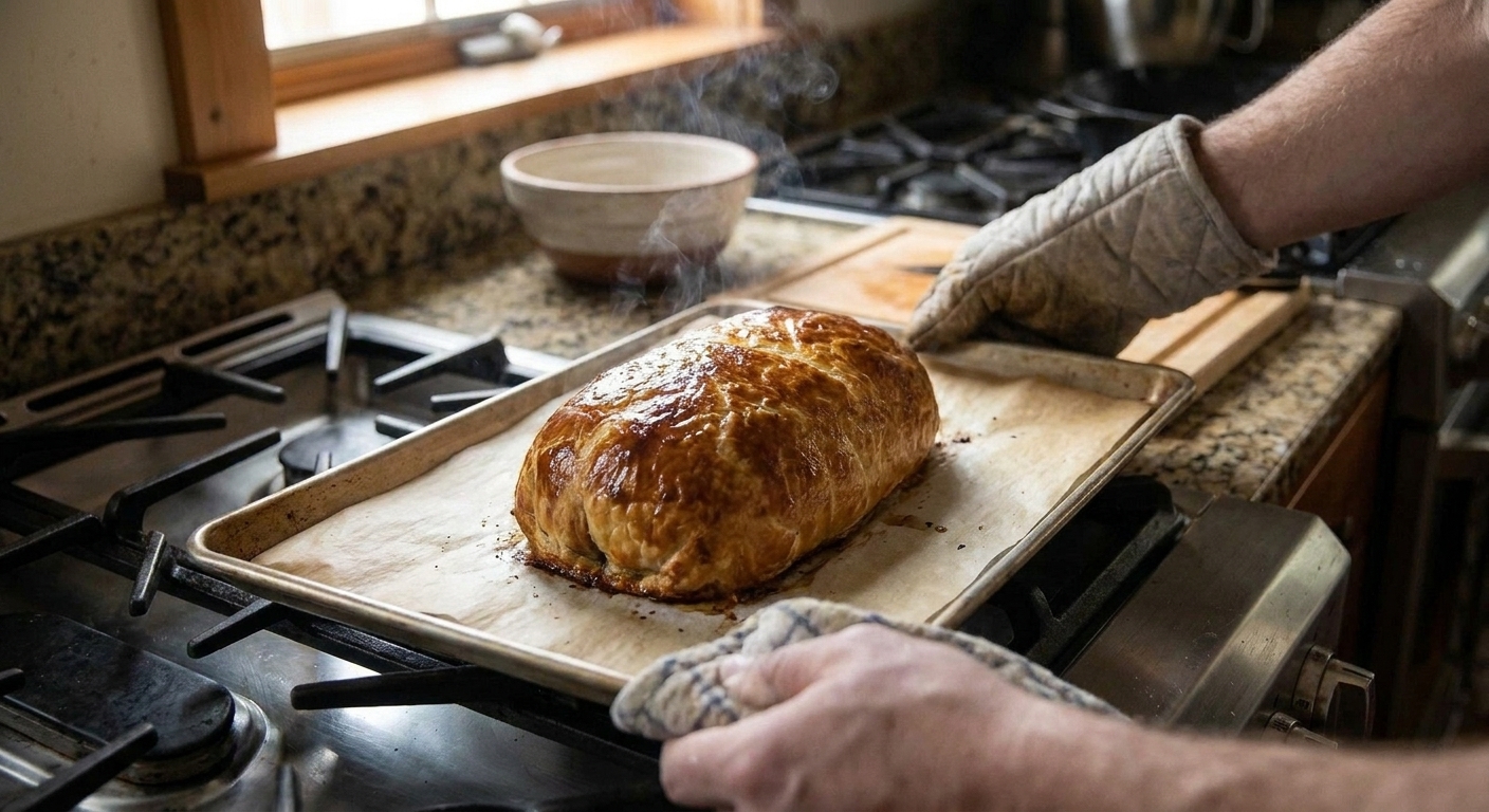 A golden brown steak Wellington on a parchment-lined baking sheet coming out of the oven, puff pastry crisp and deeply browned