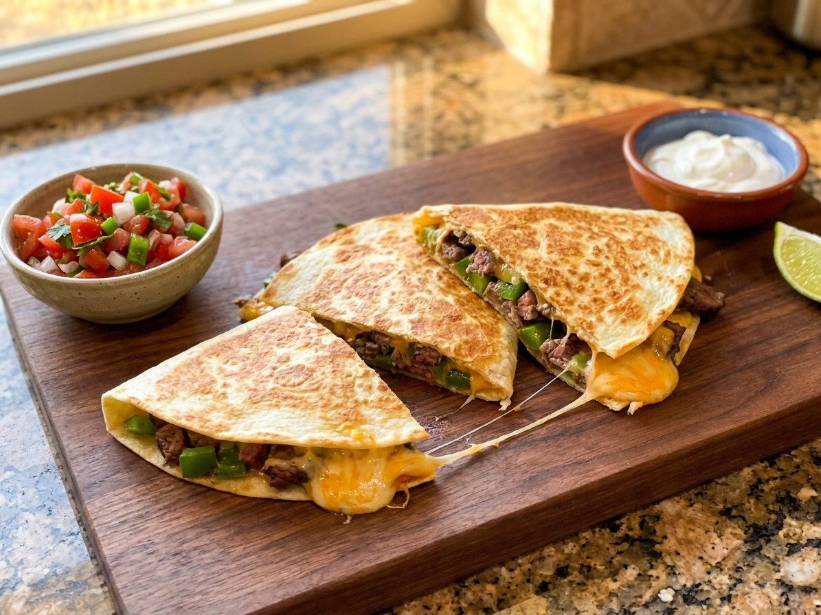 A golden-brown steak quesadilla cut into wedges on a wooden cutting board, with melted cheese stretching at the edges and small bowls of salsa and sour cream nearby on a warm kitchen counter