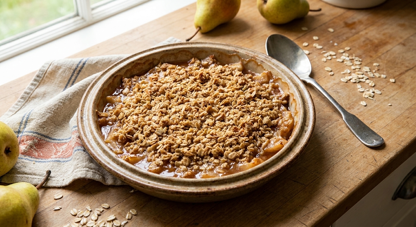 A golden brown sugar pear crisp in a ceramic baking dish with a crunchy oat topping and bubbling pear filling, photographed on a rustic kitchen counter