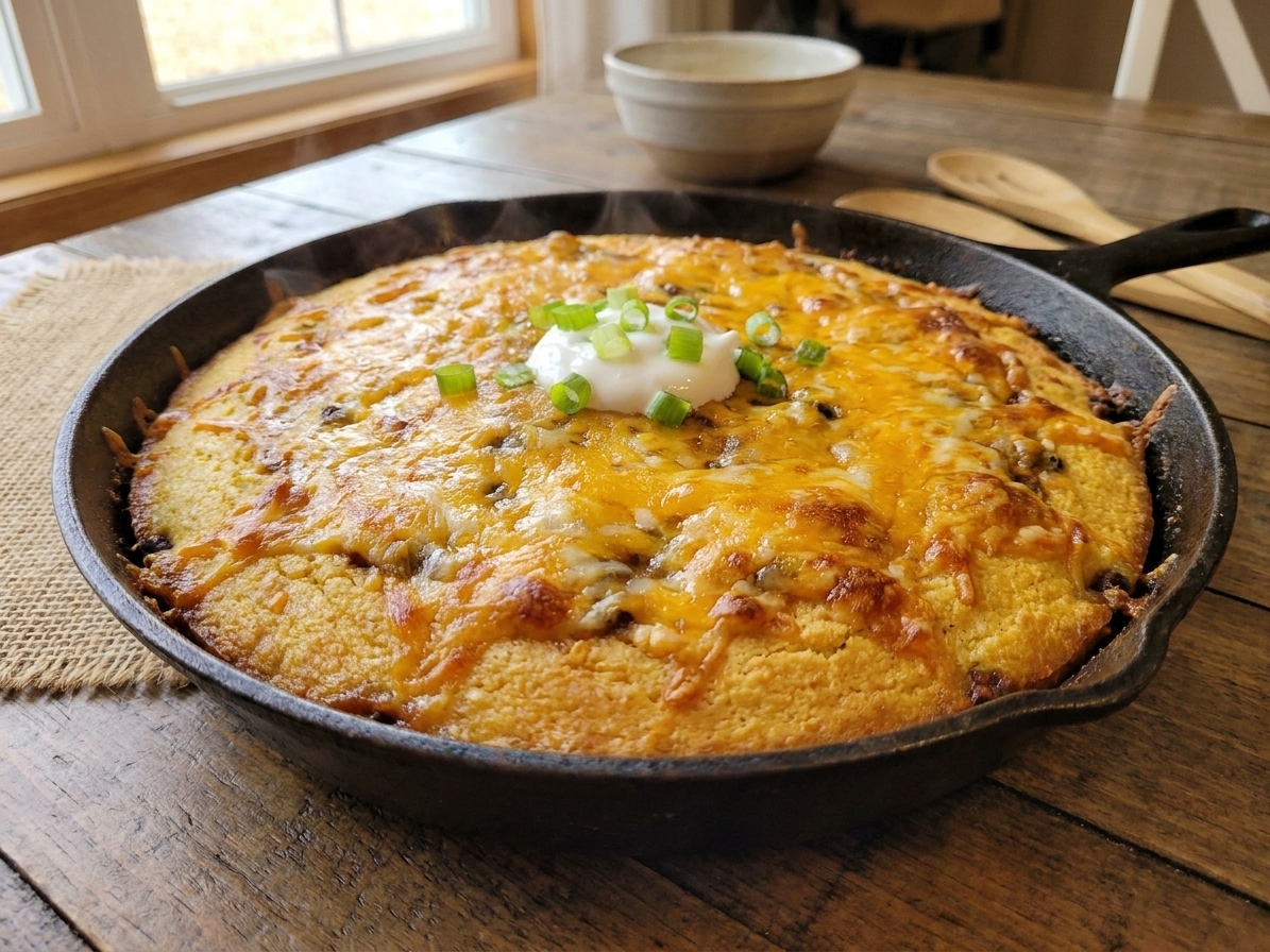 A golden-brown tamale pie in a cast iron skillet with a cornbread topping, bubbling edges, and melted cheese on top, set on a warm kitchen counter
