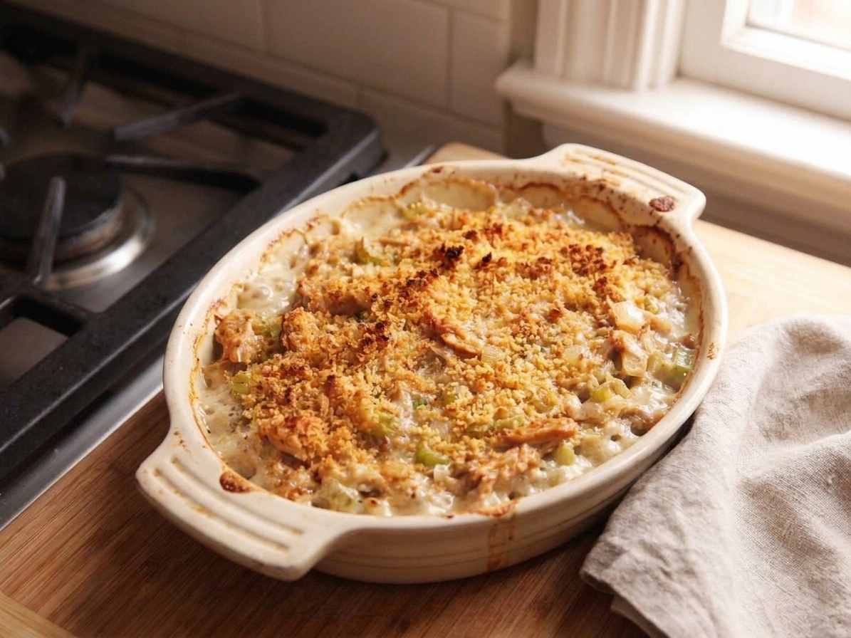 A golden brown turkey casserole in a white ceramic baking dish on a wooden kitchen counter, bubbly around the edges with a crisp breadcrumb topping