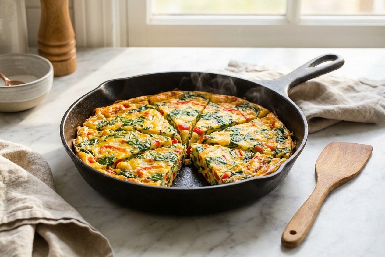 A golden-brown vegetable and cheddar frittata in a cast iron skillet on a kitchen counter, sliced into wedges with steam rising in warm morning light