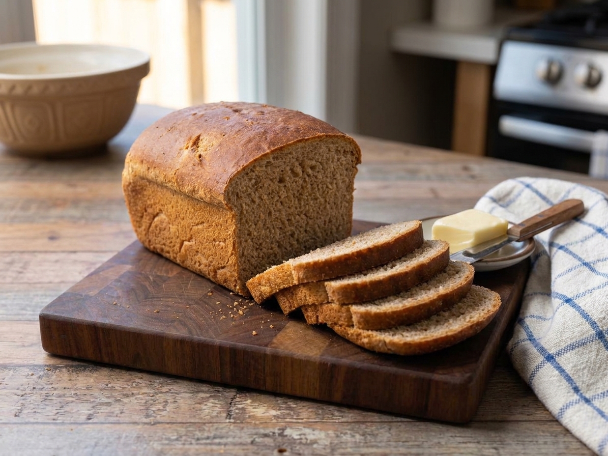 A golden brown whole grain sandwich bread loaf sliced on a wooden cutting board with a few slices fanned out, warm kitchen light, simple home table setting