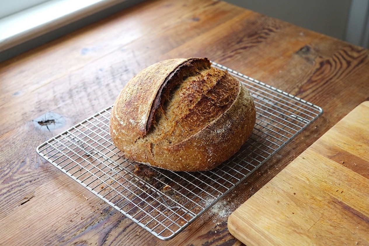 A golden-brown whole grain sourdough boule with a single scored slash, cooling on a wire rack on a warm-toned kitchen counter with soft window light