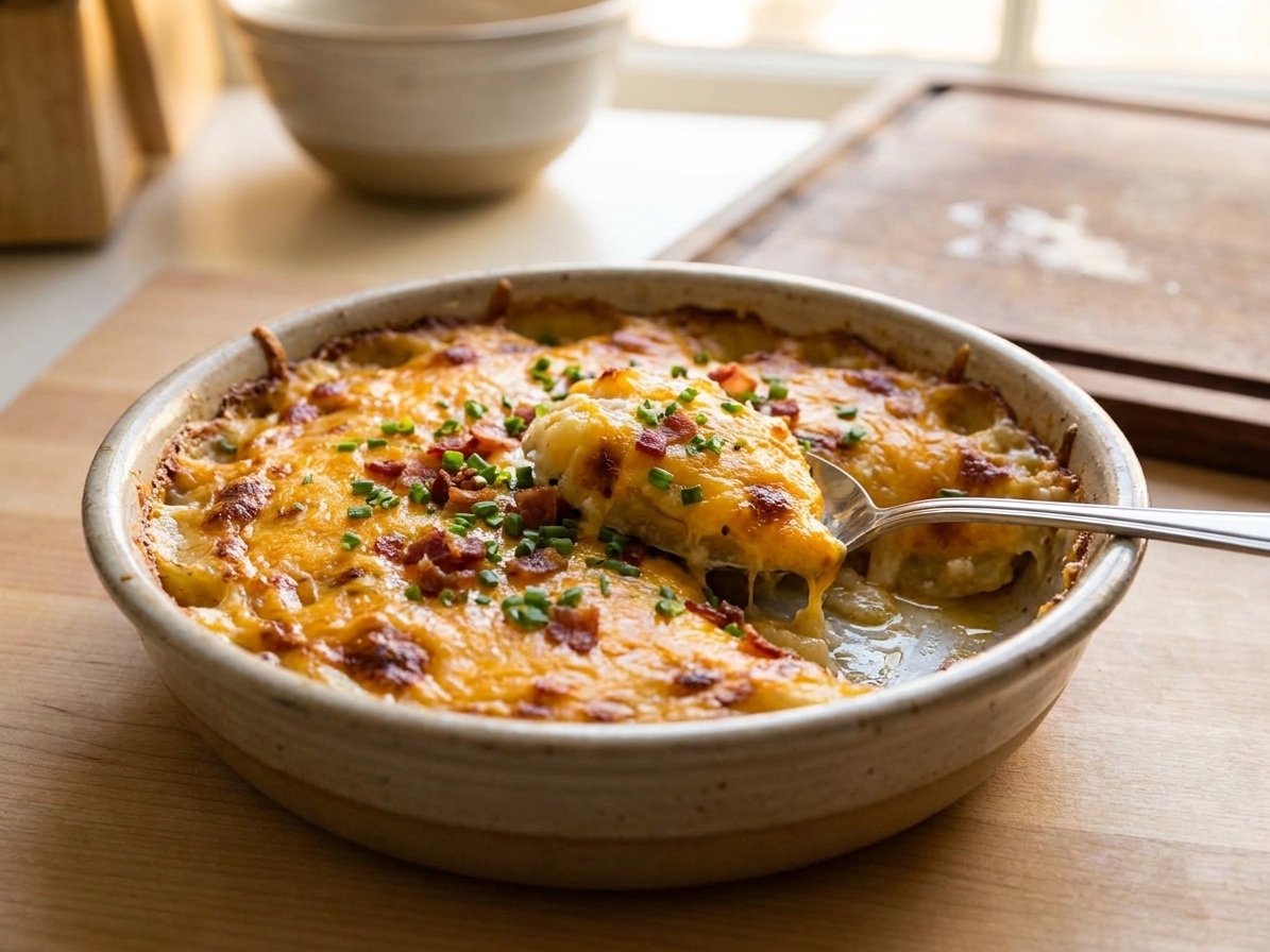 A golden, bubbling cheesy potato casserole in a ceramic baking dish on a light kitchen counter with a serving spoon nearby