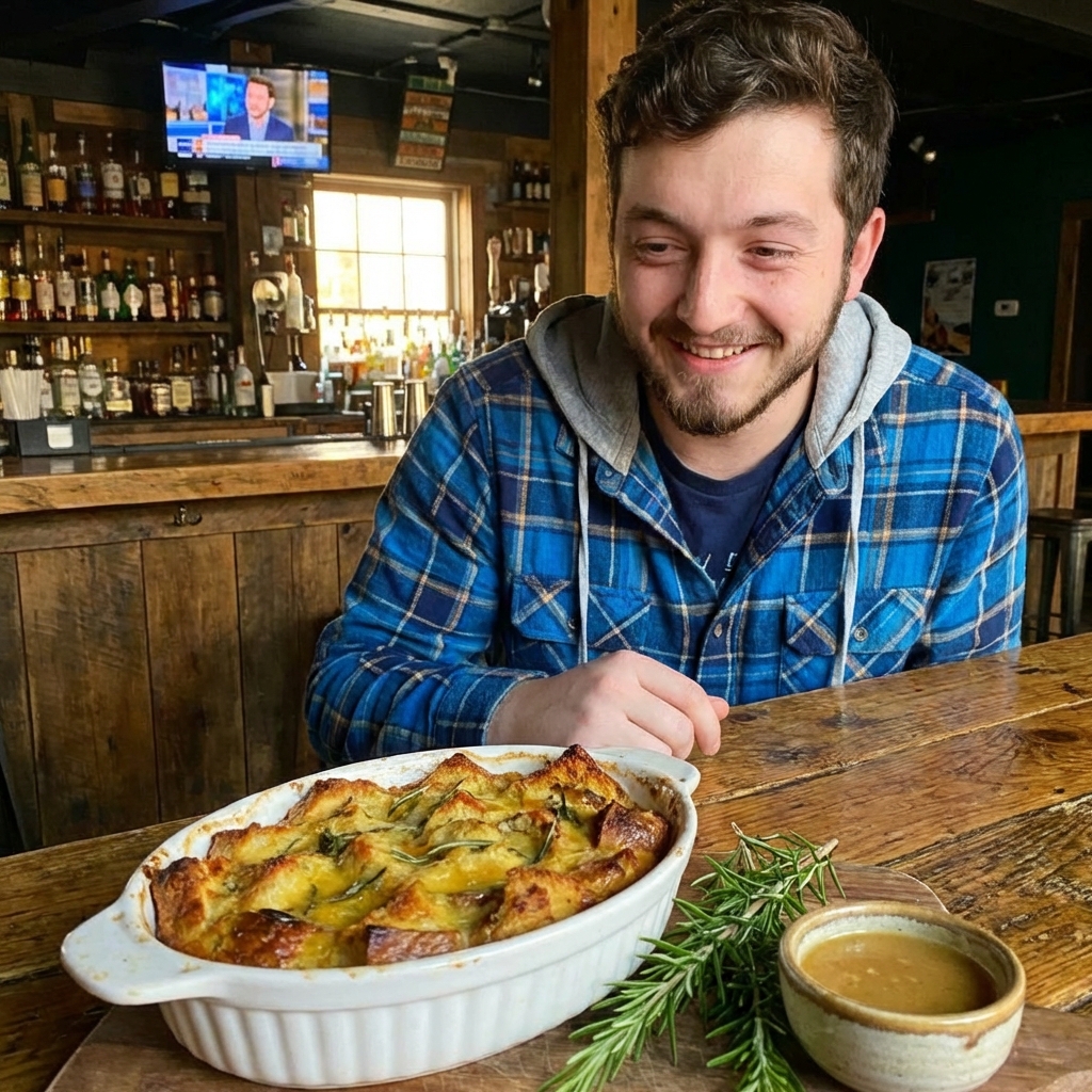 A golden, bubbling savory bread pudding in a white ceramic baking dish on a wooden table with rosemary sprigs and a small bowl of maple mustard drizzle nearby