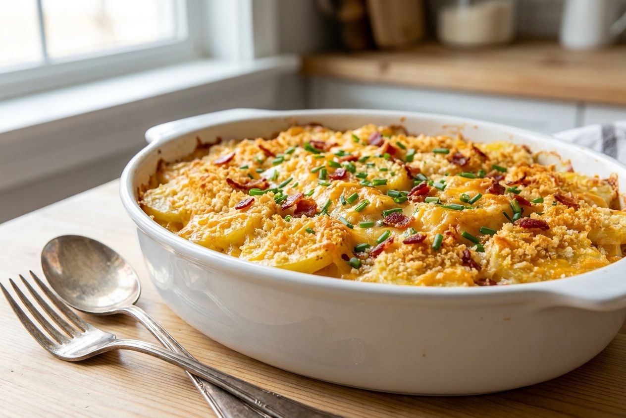 A golden, bubbly potato casserole in a white baking dish, topped with crisp buttery crumbs and scattered herbs, ready to serve.