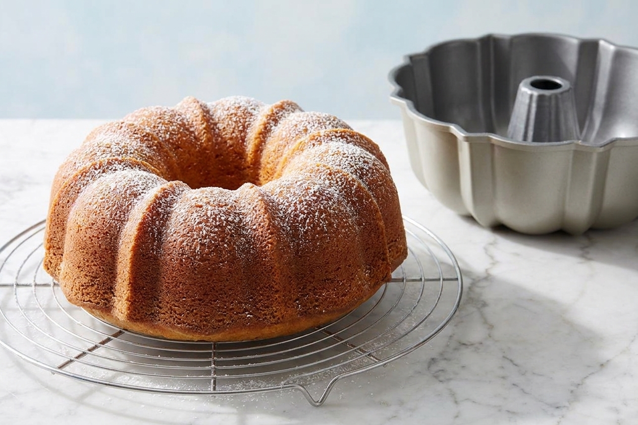 A golden bundt cake turned out onto a wire cooling rack on a kitchen counter