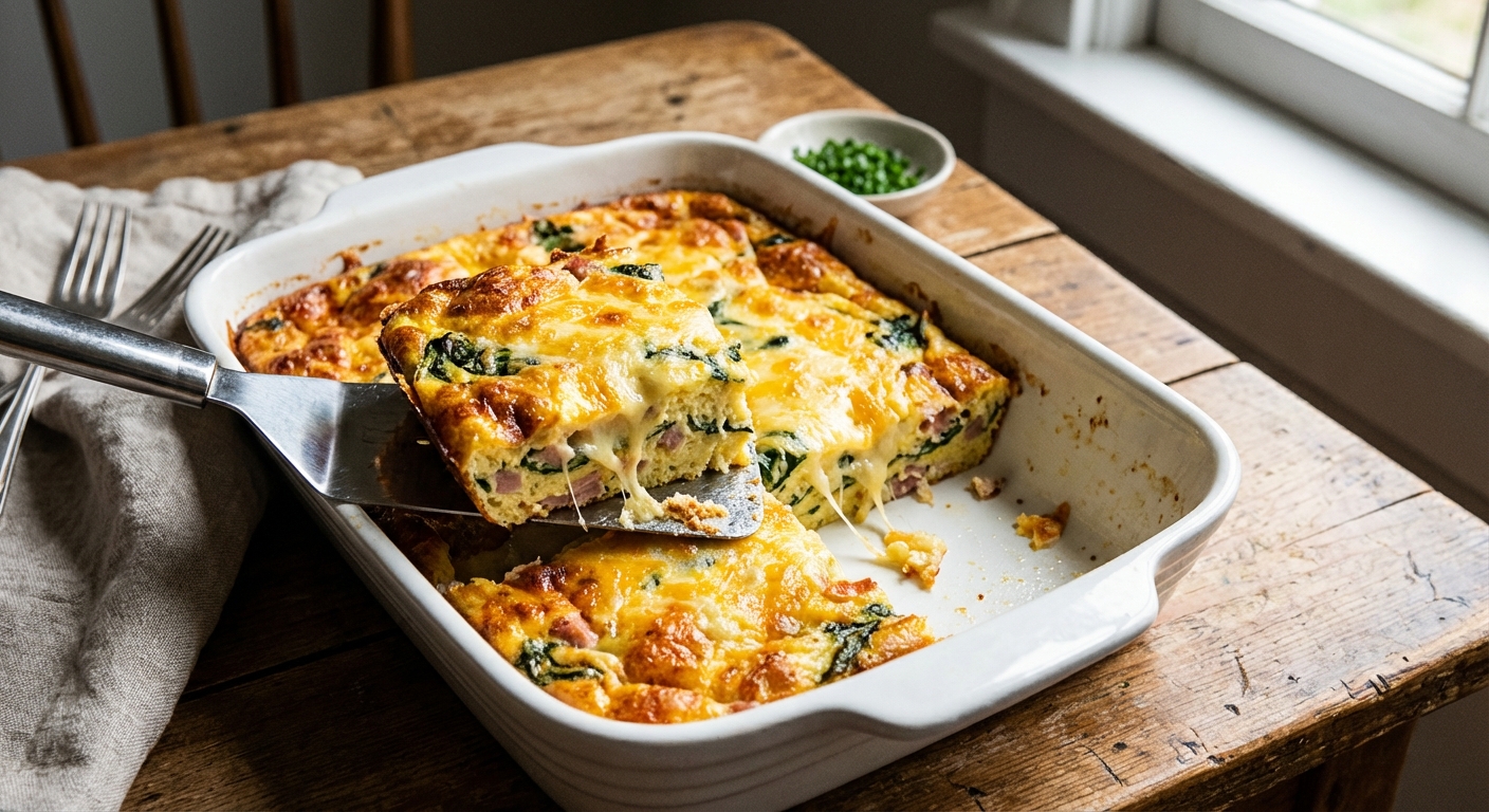 A golden, cheesy egg bake in a white ceramic baking dish on a wooden table with a spatula lifting out a square
