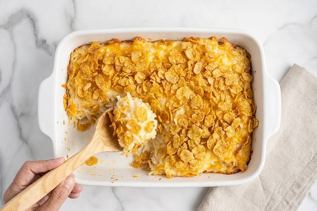 A golden cheesy hashbrown casserole in a white baking dish with a crunchy topping, sitting on a light stone kitchen counter with soft natural light