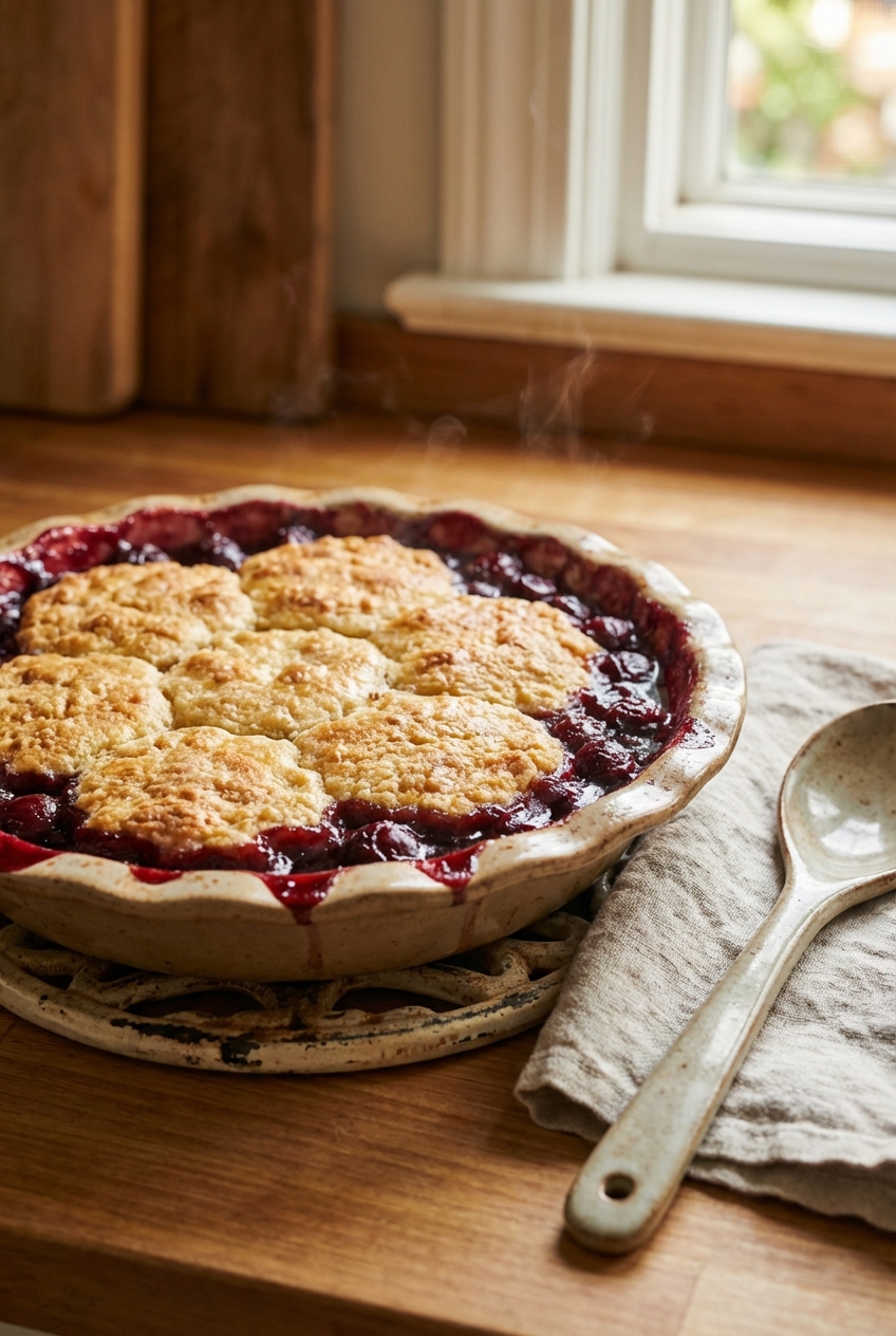 A golden cherry cobbler cooling on a countertop with visible bubbling cherry edges