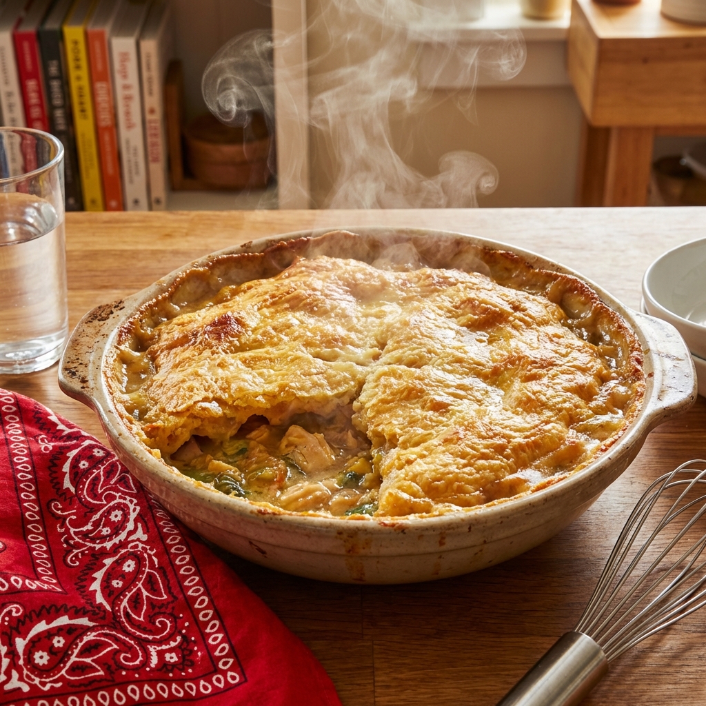 A golden chicken cobbler fresh from the oven in a baking dish with steam rising