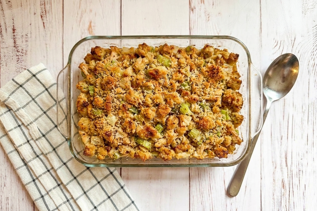 A golden chicken stuffing casserole in a glass baking dish on a kitchen counter, with crisp browned stuffing on top and a serving spoon beside it