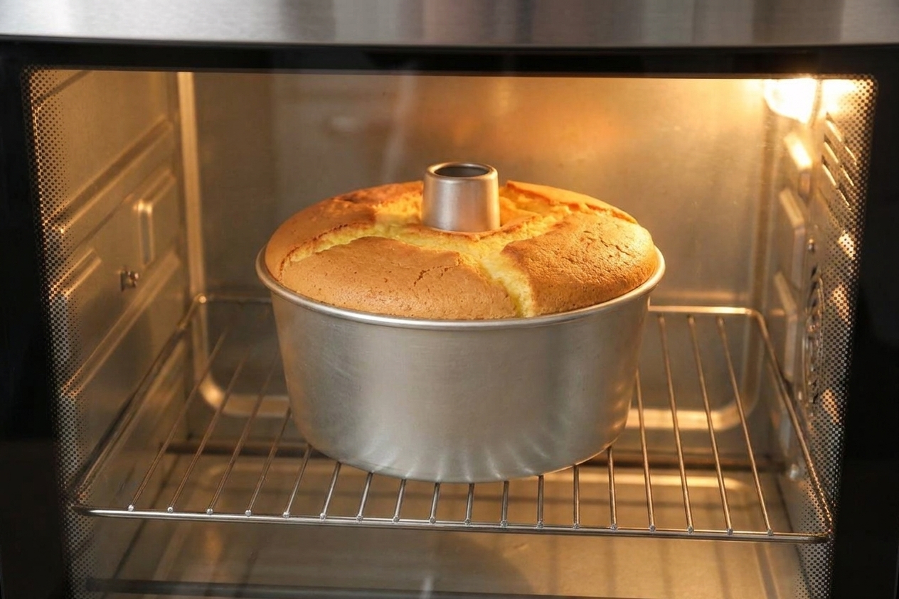 A golden chiffon cake baking in an ungreased tube pan on an oven rack