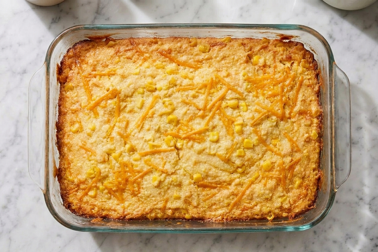 A golden cornbread casserole just baked in a glass dish with lightly browned cheesy edges