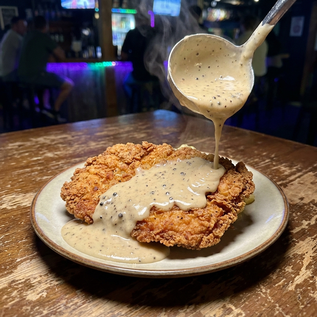 A golden, crispy chicken fried chicken cutlet on a plate with smooth pepper gravy being poured over the top
