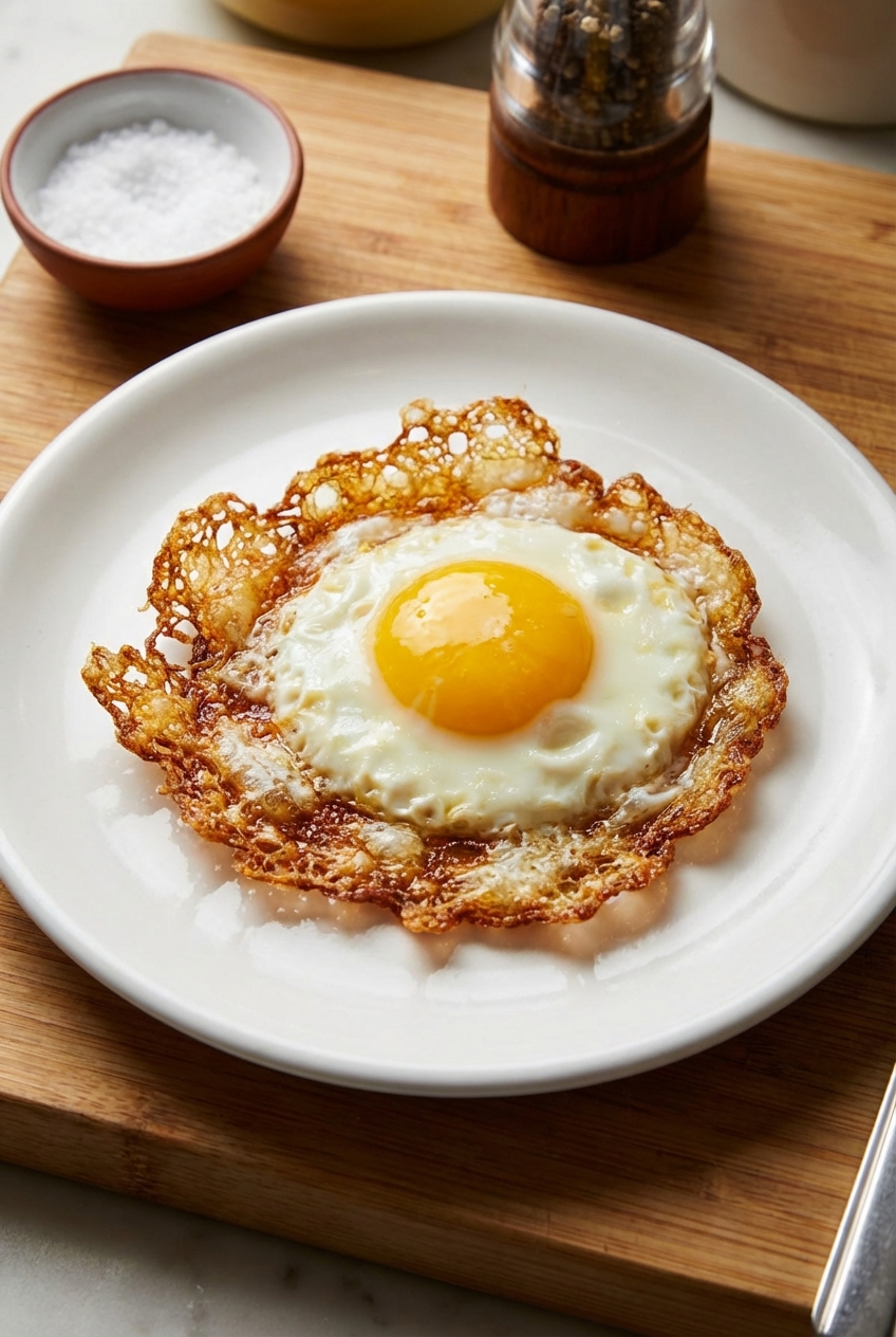 A golden crispy fried egg with lacy edges on a plate