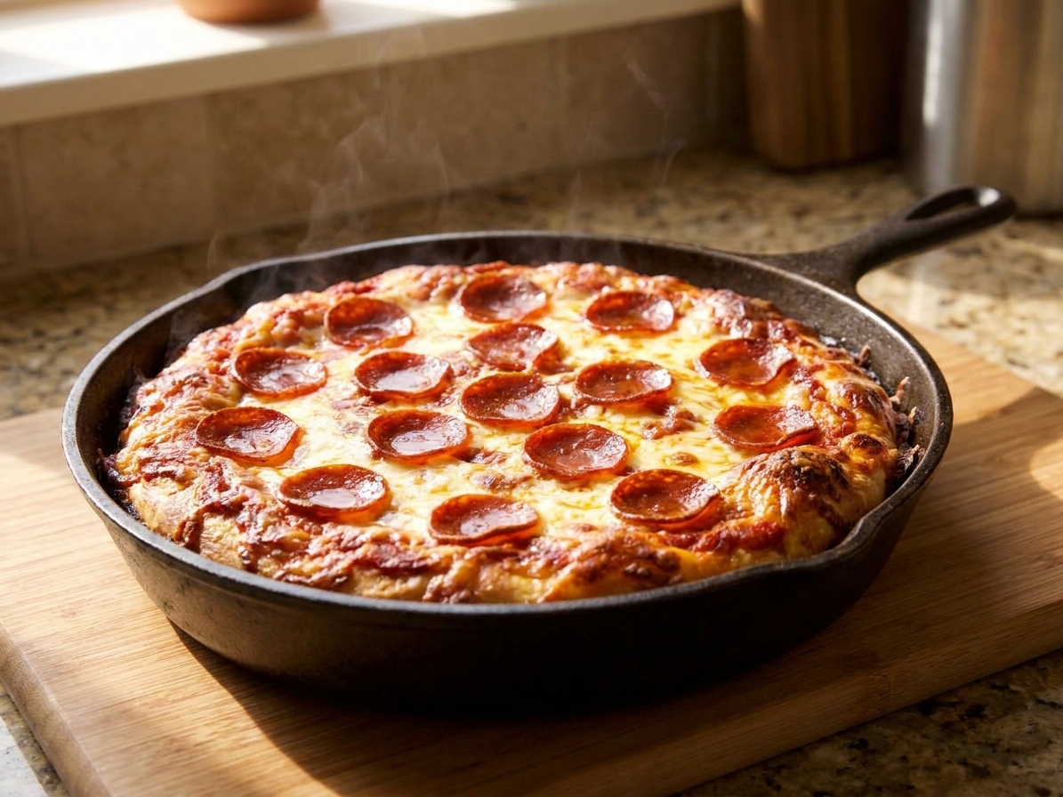 A golden deep pan pizza baked in a cast iron skillet with bubbly mozzarella, browned edges, and pepperoni on top, sitting on a wooden counter in warm kitchen light