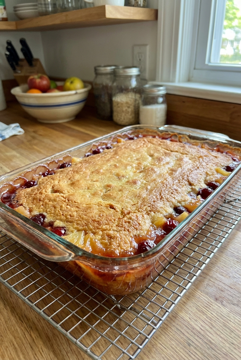 A golden dump cake cooling in a 9x13 glass baking dish with bubbling fruit at the edges on a kitchen counter