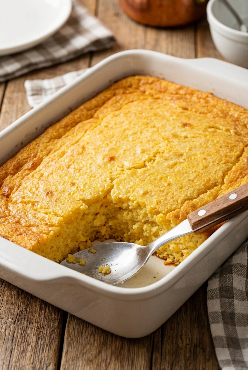 A golden, fluffy Jiffy corn casserole in a white baking dish with a serving spoon beside it