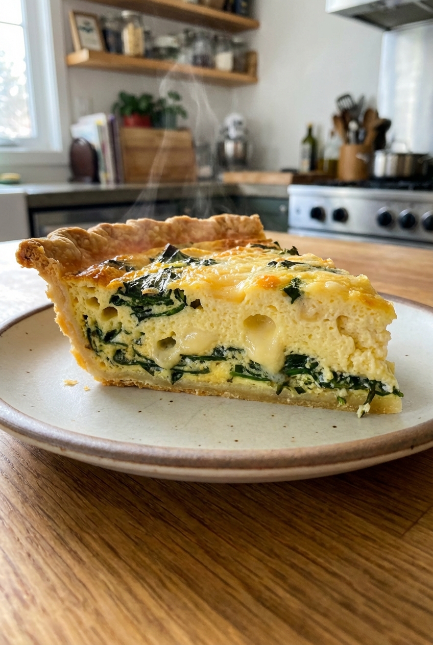 A golden, fluffy slice of quiche on a plate with a flaky crust and visible pockets of cheese and spinach, photographed on a bright kitchen table