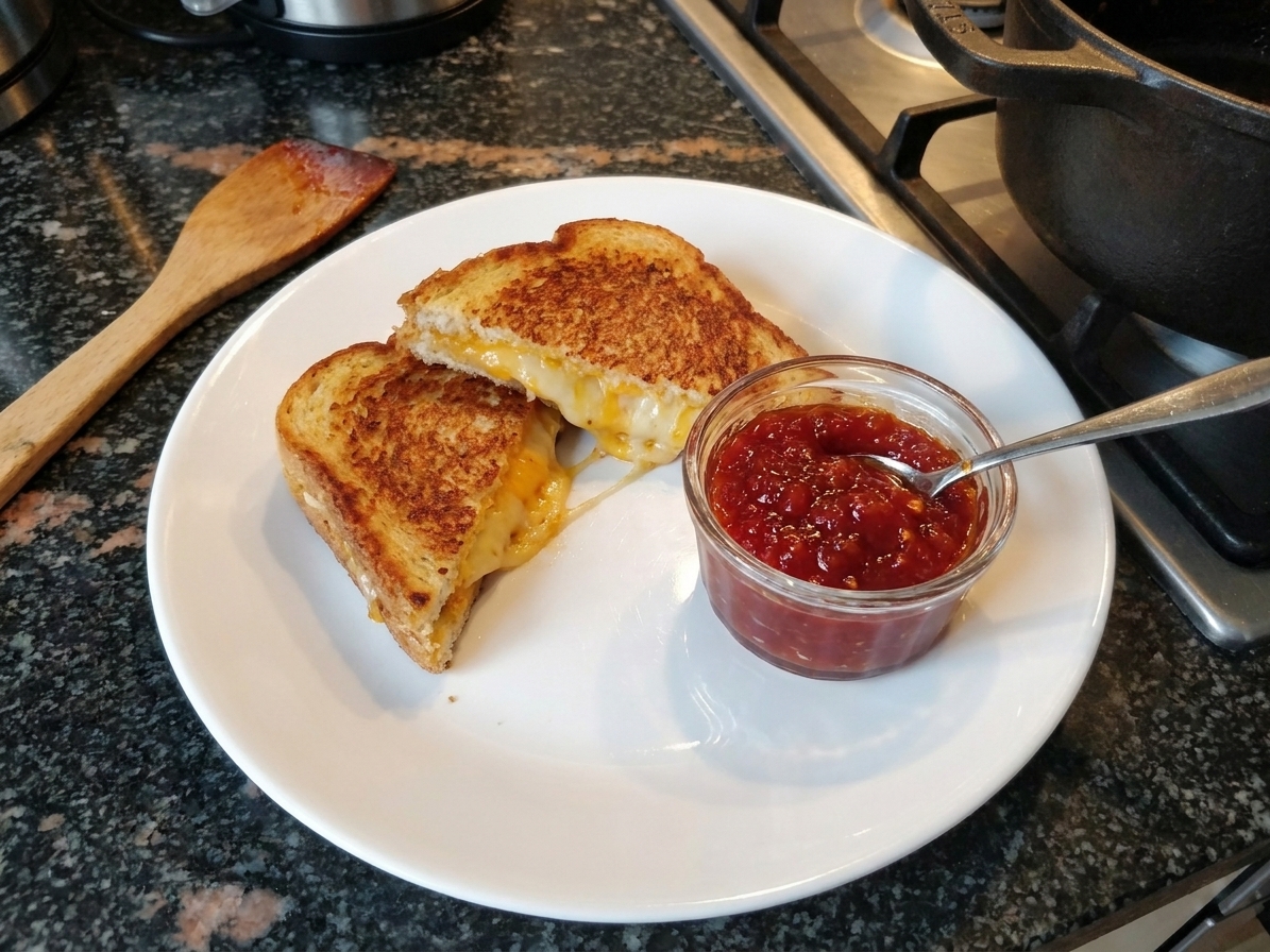 A golden grilled cheese sandwich cut in half with a small ramekin of tomato jam on the side, on a simple white plate under warm kitchen lighting