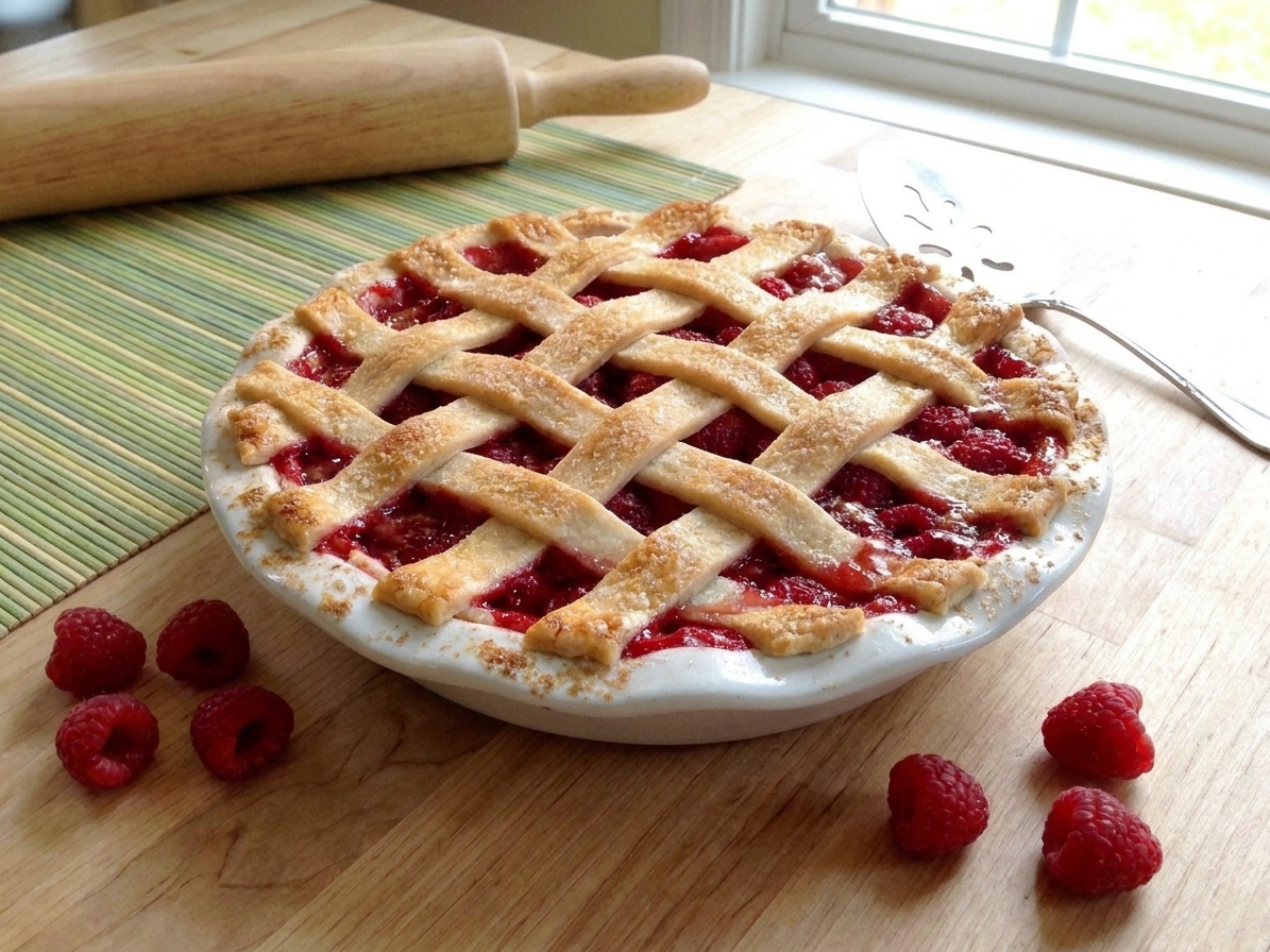 A golden lattice-top raspberry pie on a wooden table with a few fresh raspberries scattered nearby in soft natural kitchen light