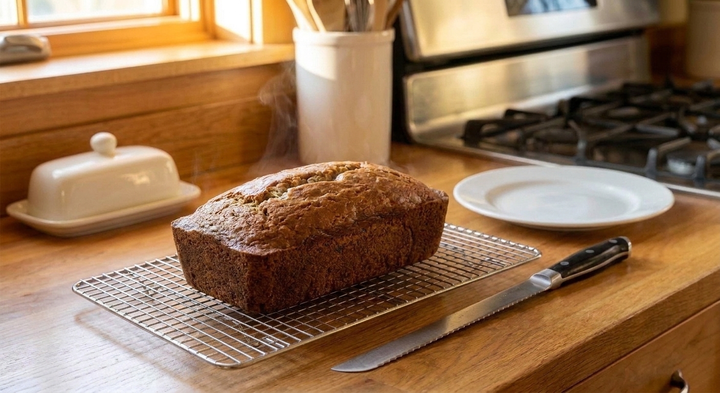 A golden loaf of banana bread cooling on a wire rack with a knife and plate nearby
