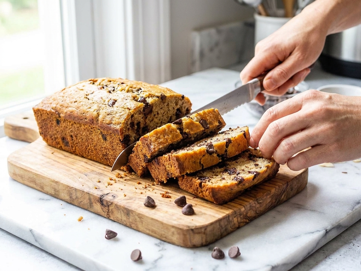 A golden loaf of banana chocolate chip bread sliced on a wooden cutting board with chocolate chips visible in each slice, on a bright kitchen counter