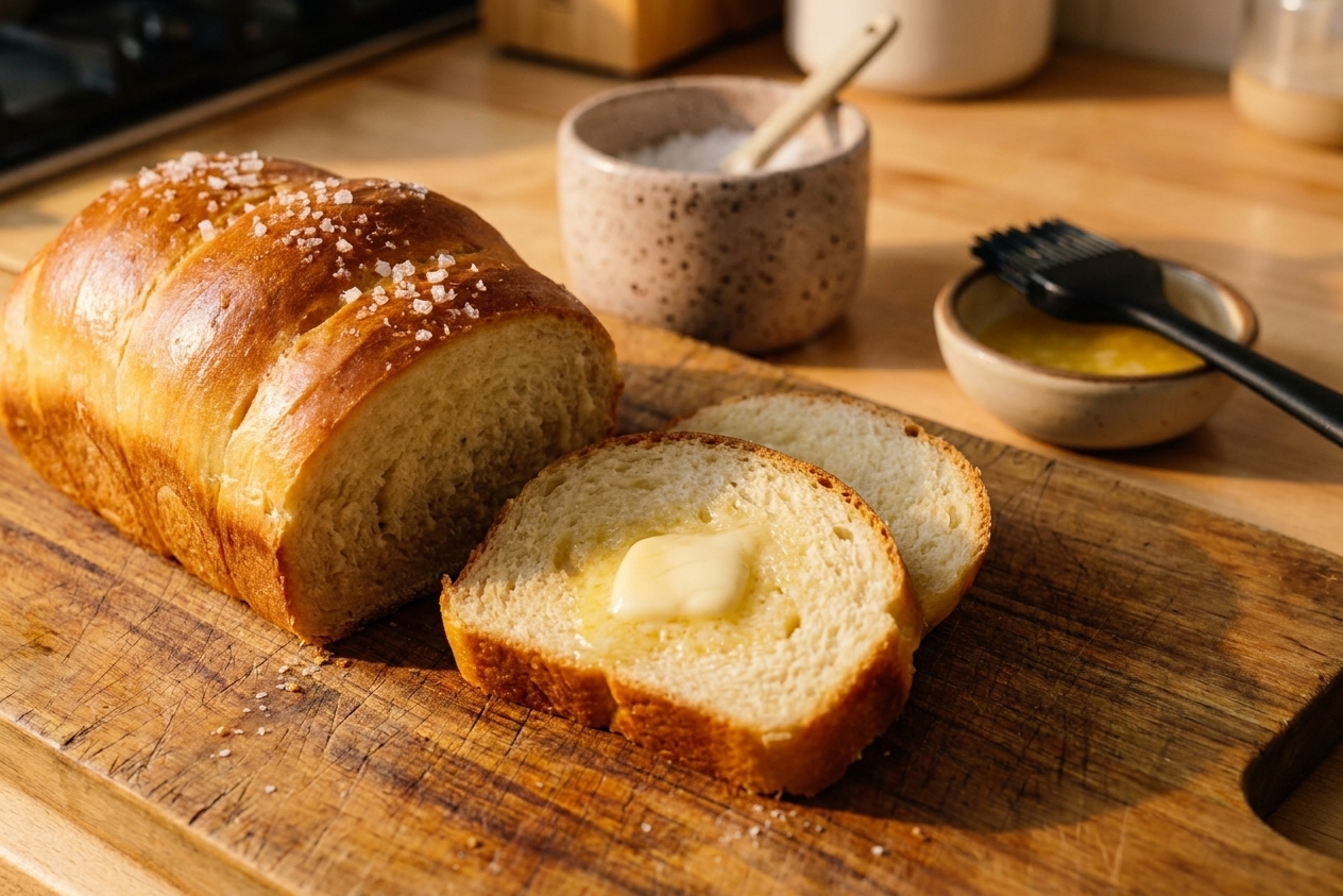 A golden loaf of homemade salt bread on a wooden cutting board with a pat of butter melting on a warm slice in cozy kitchen lighting