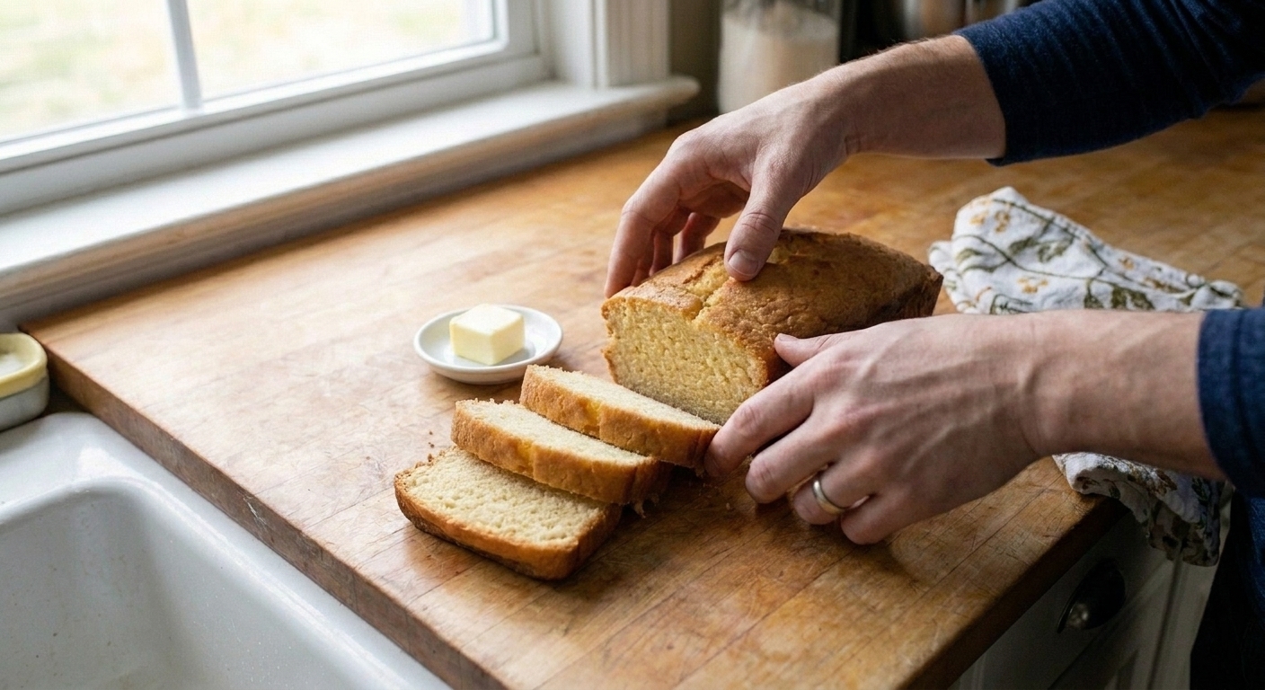 A golden loaf of ice cream bread sliced on a wooden cutting board, with a few slices fanned out and a small pat of butter on the side on a bright kitchen counter