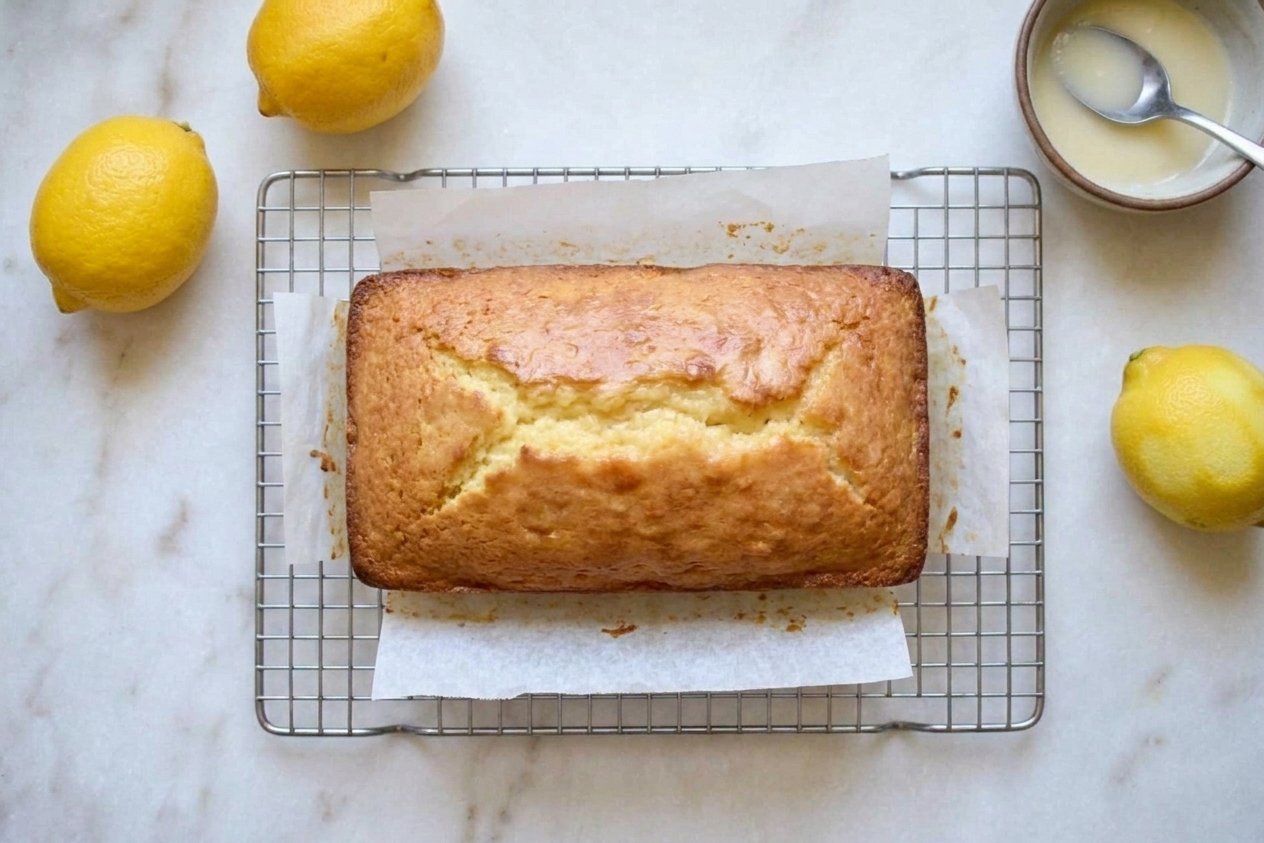 A golden loaf of lemon pound cake cooling on a wire rack with parchment pulled away