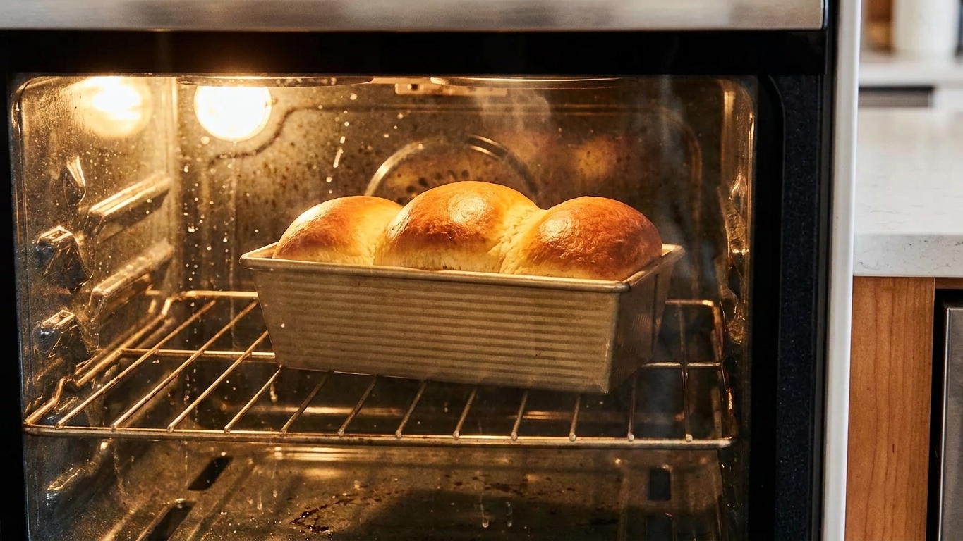 A golden loaf pan of milk bread baking on the middle rack of a home oven with warm oven light