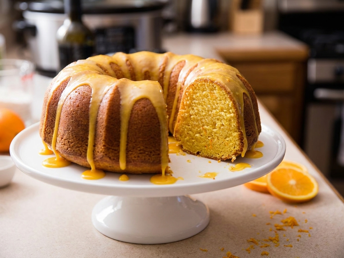 A golden orange Bundt cake on a white cake stand with glossy orange glaze dripping down the sides, sliced to show a moist crumb, on a warm-toned kitchen counter