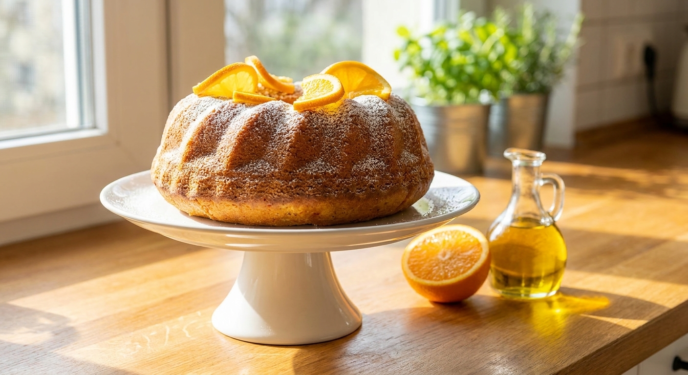 A golden orange and olive oil bundt cake on a simple cake stand on a sunny kitchen counter, lightly dusted with powdered sugar, with a halved orange and a small bottle of olive oil nearby, realistic food photography