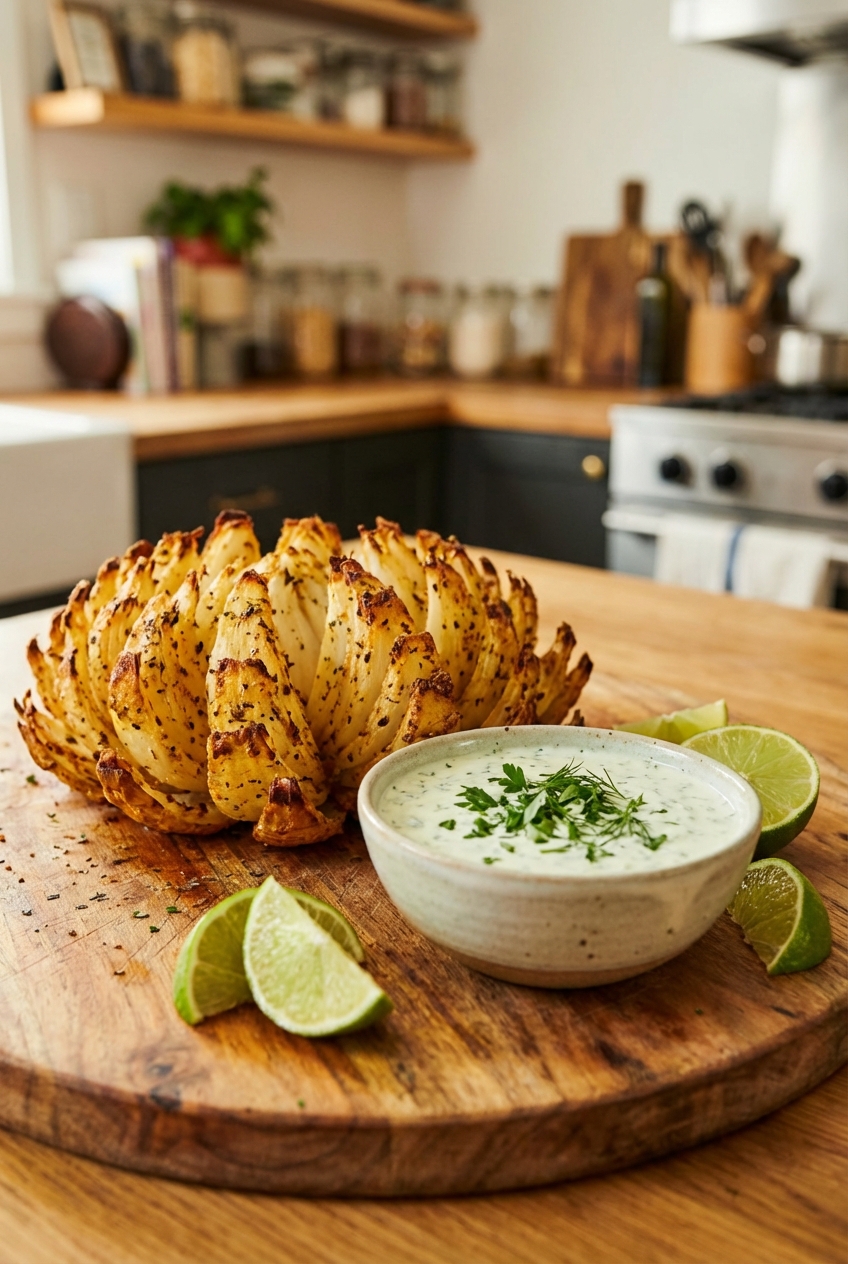 A golden oven-baked blooming onion on a cutting board with a small bowl of herb yogurt dip and lime wedges