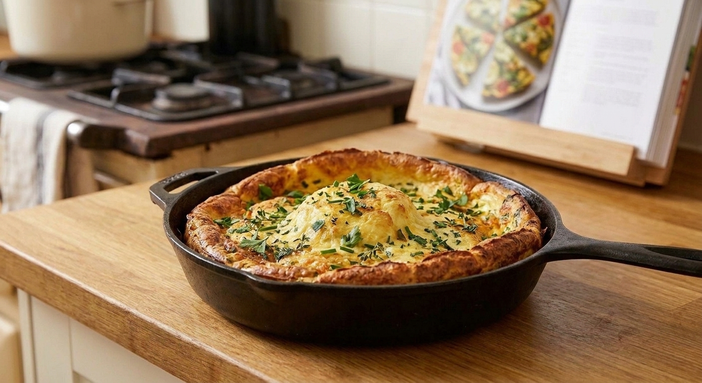 A golden oven-baked frittata in a cast iron skillet, puffed in the center with browned edges and scattered herbs